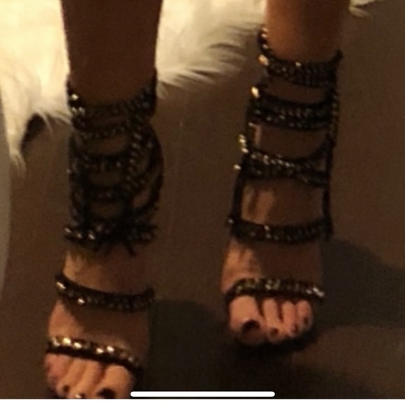 Black & Gold Chain Detail Lace Up Heels - Picture 7 of 8